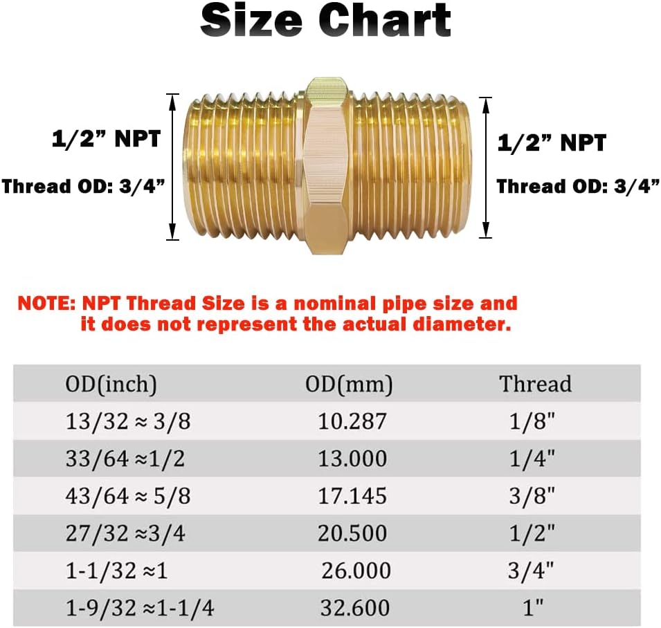 Hooshing 5PCS Brass Hex Nipple,1/2" x 1/2" NPT Male Adapter Pipe Fitting