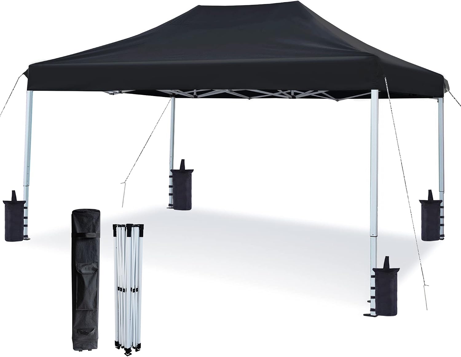 AsterOutdoor 10'x15' Commercial Heavy Duty Pop Up Canopy Tent with Adjustable Leg Heights, Wheeled Carry Bag, Sandbags, Stakes and Ropes, Black