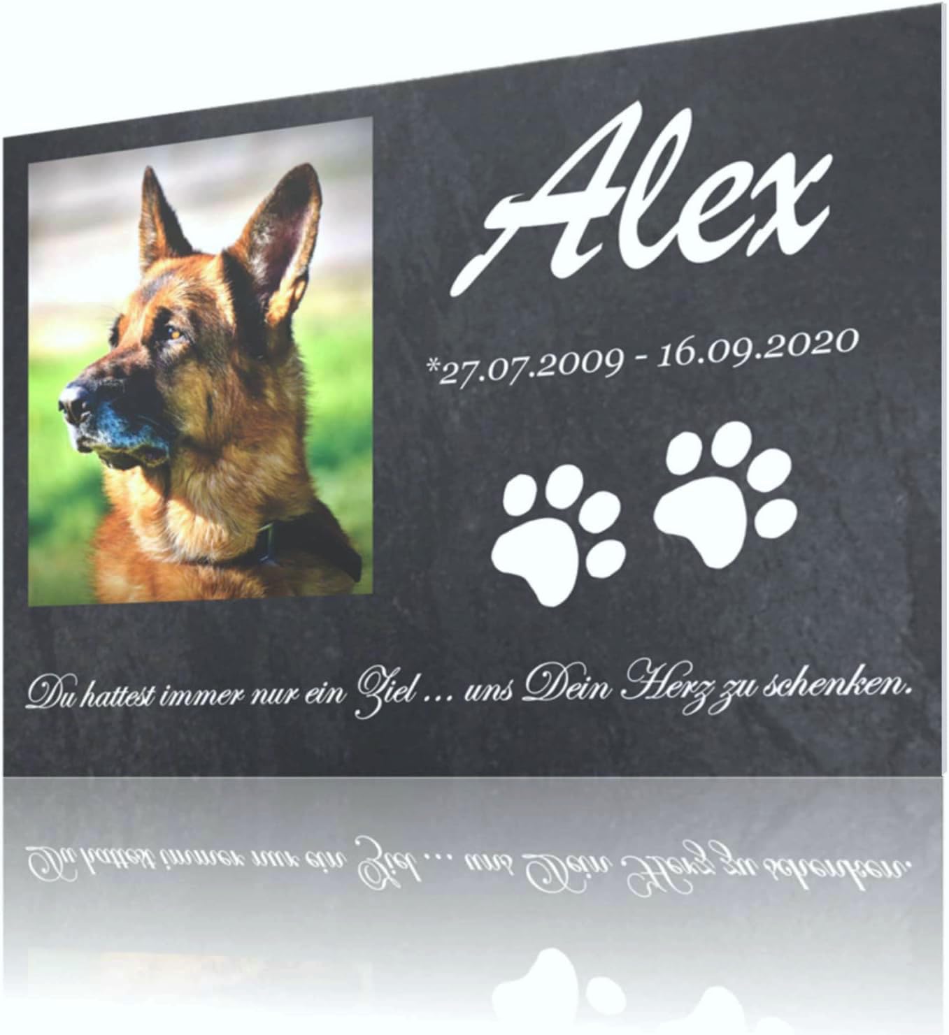 Personalisierte Grabplatte Haustier aus Alu-Verbund – Foto in Herz/Kreis/Rechteck, Name • Datum • Spruch – wetterfest & UV-beständig – Größen DIN A6 bis DIN A2 – Grabschmuck für Hund/Katze