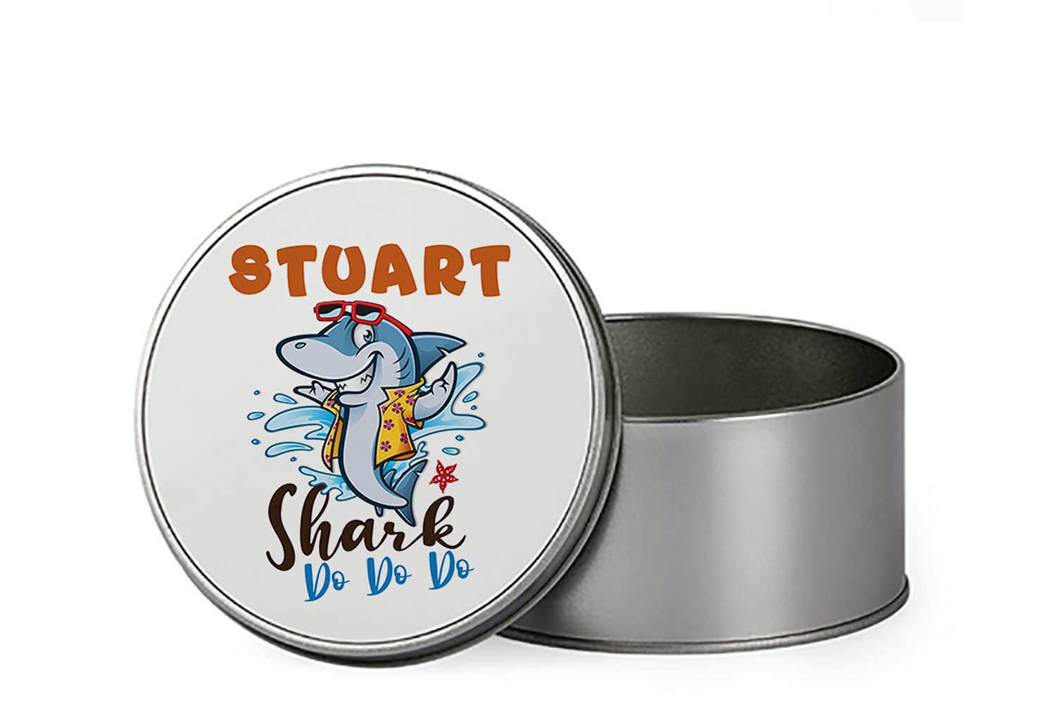 Personalised Boy Shark Do Gift for Kids-Boys Birthday Gift BACK TO SCHOOL Portable Metal Tin Storage Box Biscuit Chocolate Tin Emergency Stuff Tin. (Round)