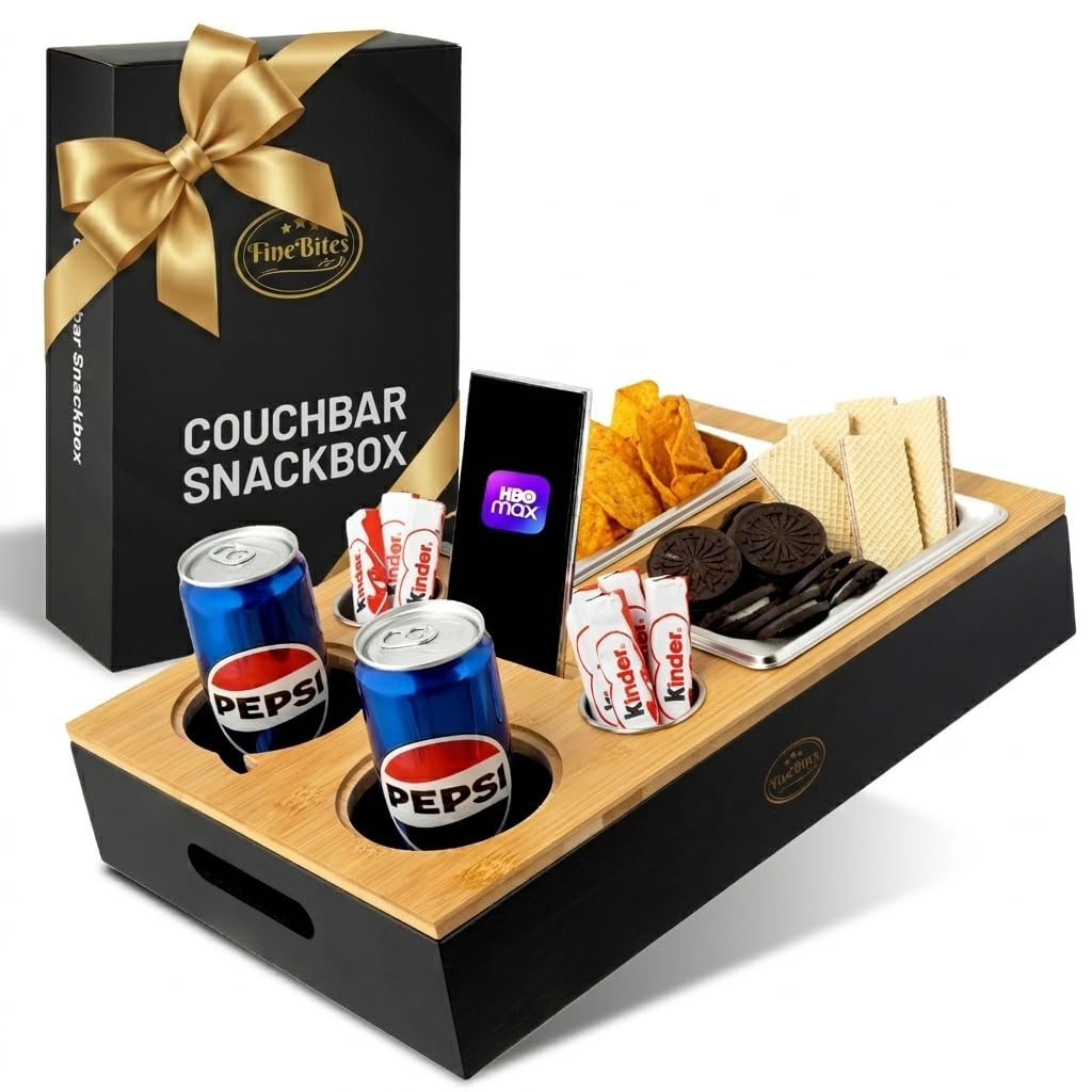 Couchbar Snackbox für 2 aus Bambus – Snackbar Sofatablett mit Getränkehalter & 2 Snackschalen – Couch butler mit magnetischem Deckel, Couch bar Organizer Tablett, Geschenk für Männer & Frauen