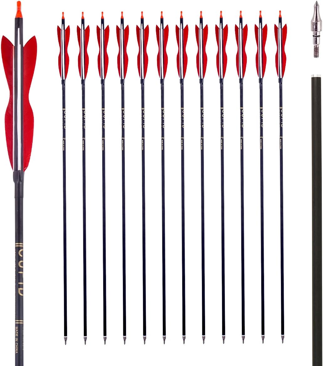 31" Carbon Hunting Arrows Archery Target Practice Arrows with 5" Turkey Feathers Spine 500 for Recurve Bow and Compound Bow(Pack of 12)