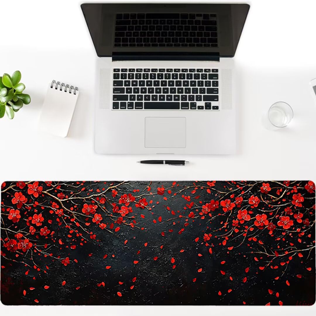 Podkładka pod mysz XXL Flower - 1400x600x3mm - czarna duża mata na biurko z przeszytymi krawędziami i antypoślizgowa wodoodporna do komputera, laptopa poprawia precyzję i szybkość. -35548