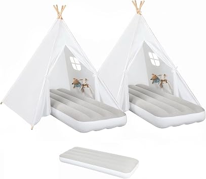 2 Pack Teepee Tent for Kids with Inflatable Airbed, Indoor Toddler Sleepover Tents Children Room Tents for Slumber Party, Outdoor Kids Play Tent Play House for Girls & Boys