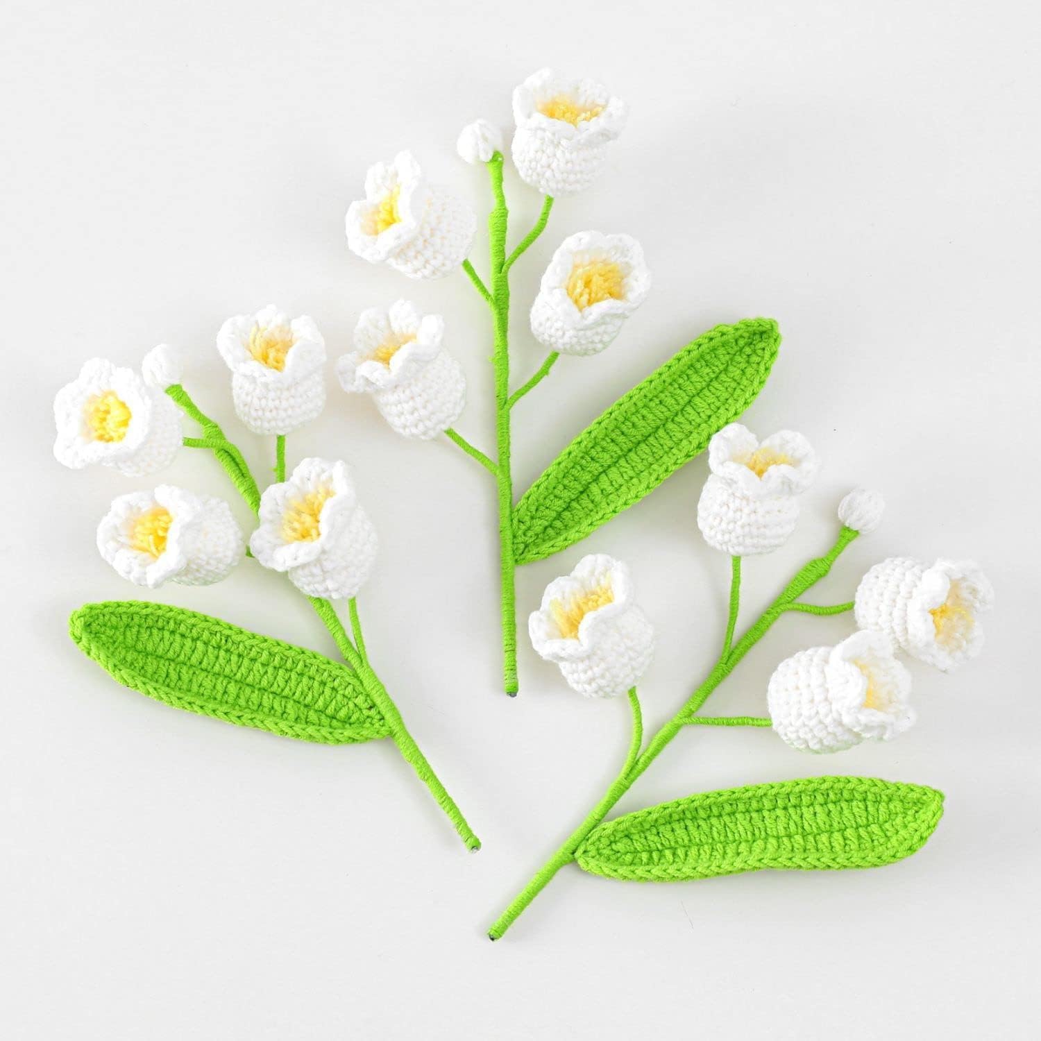ChicAbode 3 Pcs Artificial Lily of Valley Bouquet Knitted Handmade Flower, Crochet Flowers, Fake Lily of Valley for Wedding Bridal Valentine's Day Decoration Gift