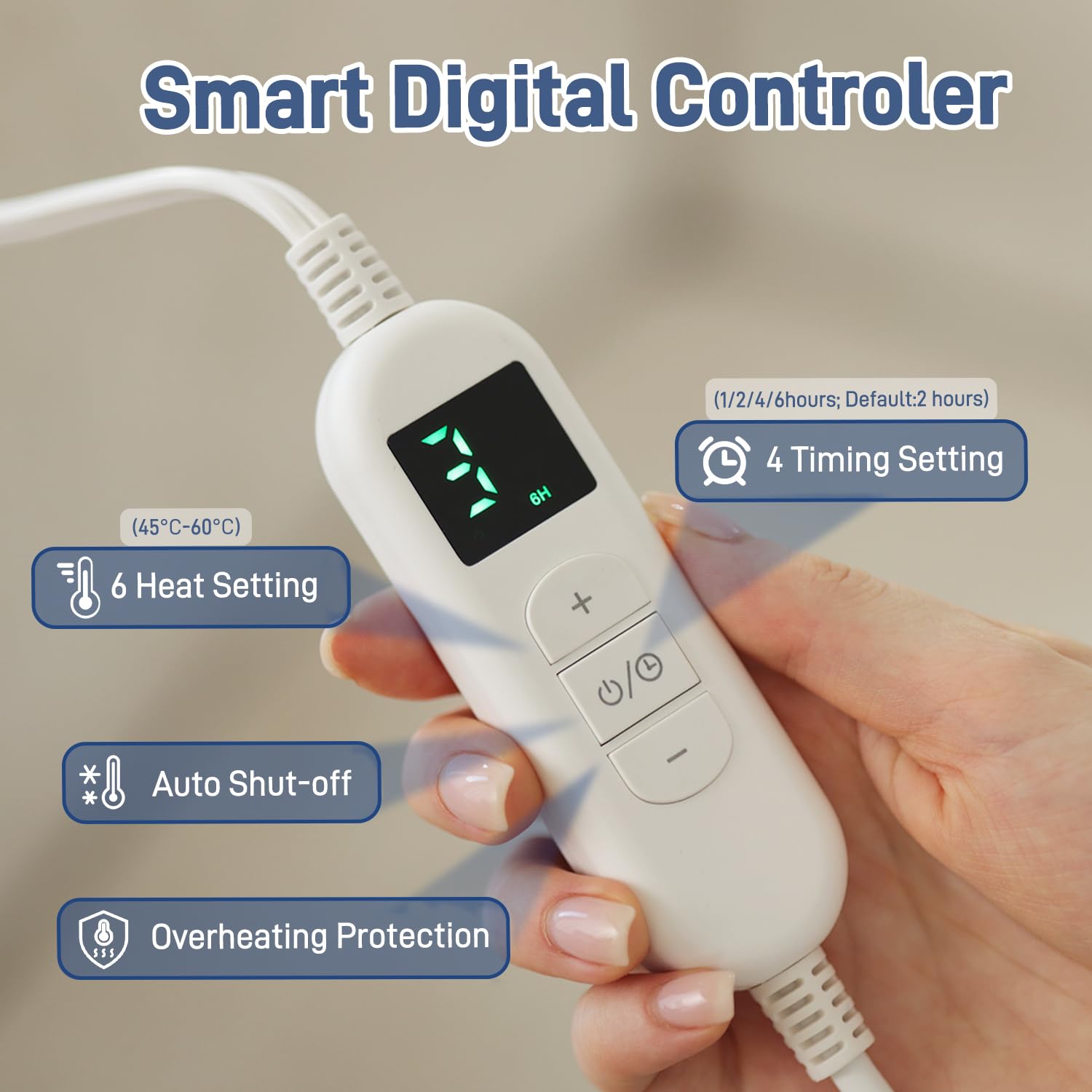 Ultralent Termoforo Elettrico per Schiena Collo e Spalle,60x108cm Termoforo Cervicale 6 Livelli di Calore, Spegnimento Automatico, Morbido Cotone Cristallino, Lavabile in Macchina-Blu Pavone