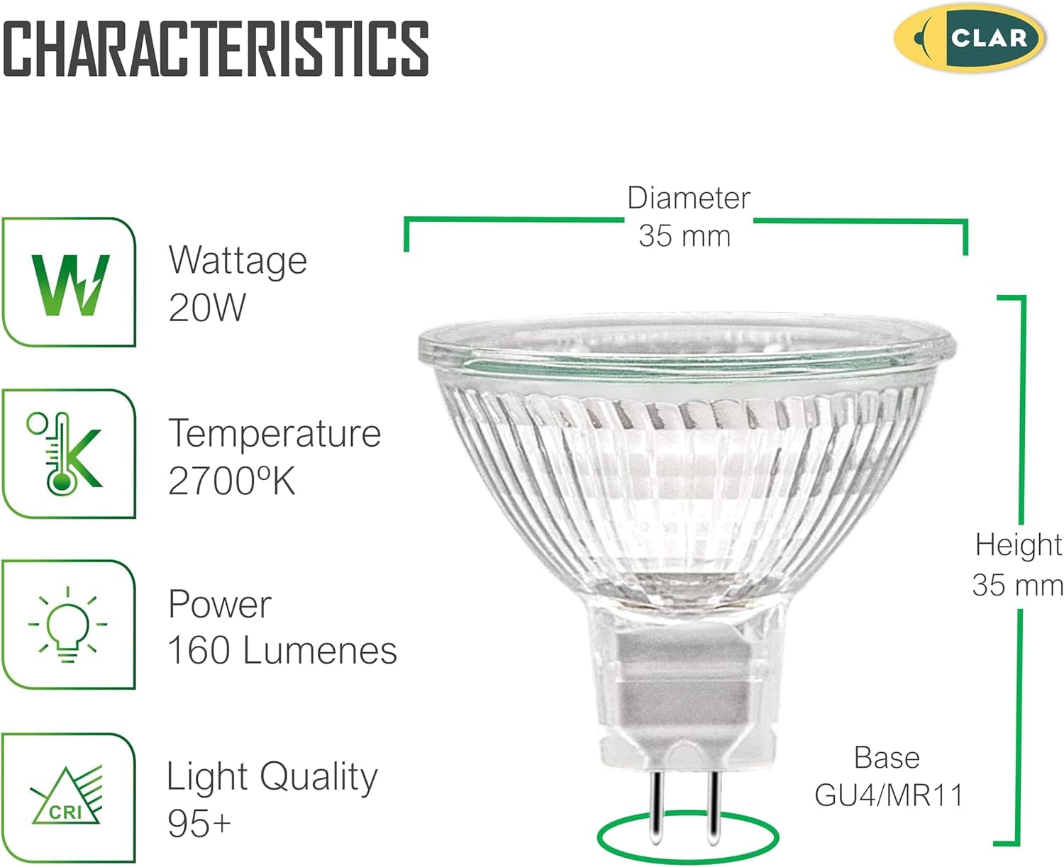 CLAR - 20W Halogen Bulb, 12V Bulb, Spot 12V, Halogen Lamp, GU4 Bulb, Alogene Bulb, Halogen Spotlight, Halogen Lamp (Pack of 10) - Image 2