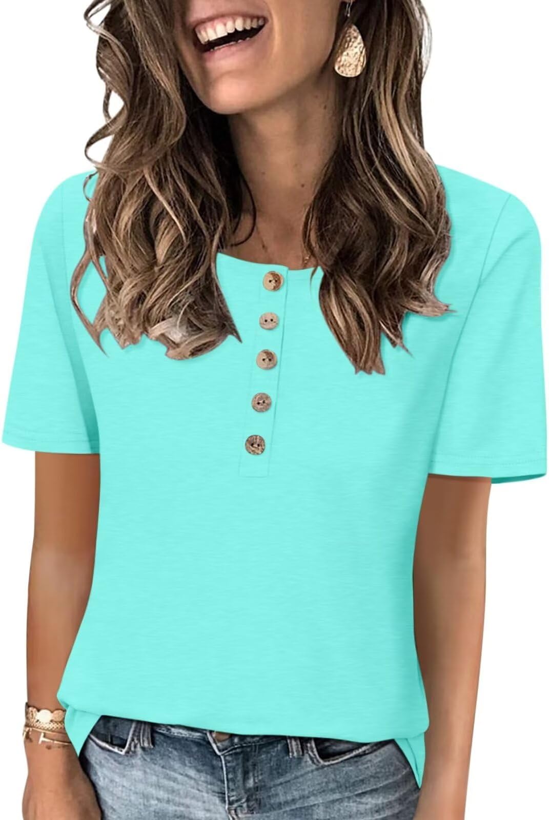 MinetomWomen's Short Sleeve Henley Tops Button Down Shirts Casual Summer T Shirts