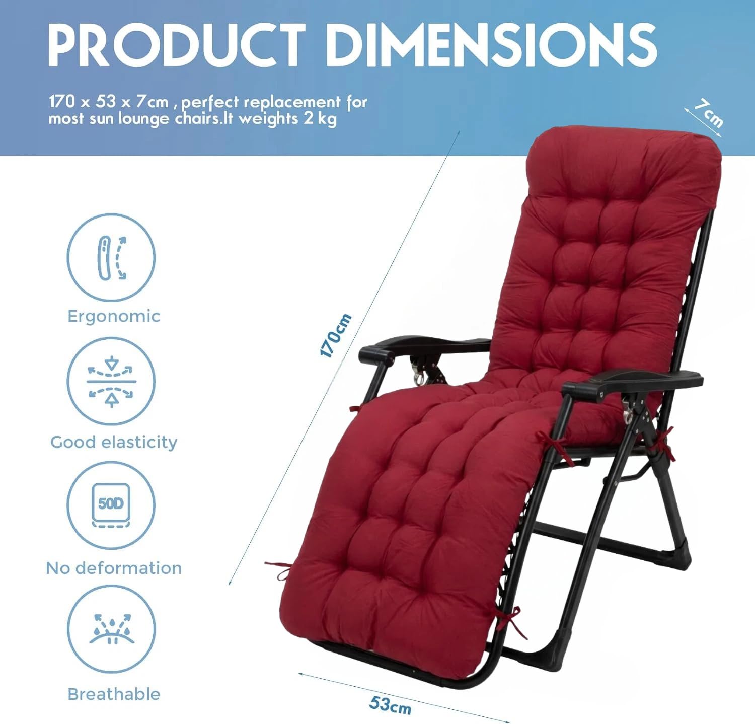 Coussin pour chaise longue de jardin, 170 x 53 x 7 cm, coussins pour chaise longue, coussin rembourré pour chaise longue, coussin d'oreiller pour meubles de jardin avec bande réglable (rouge)