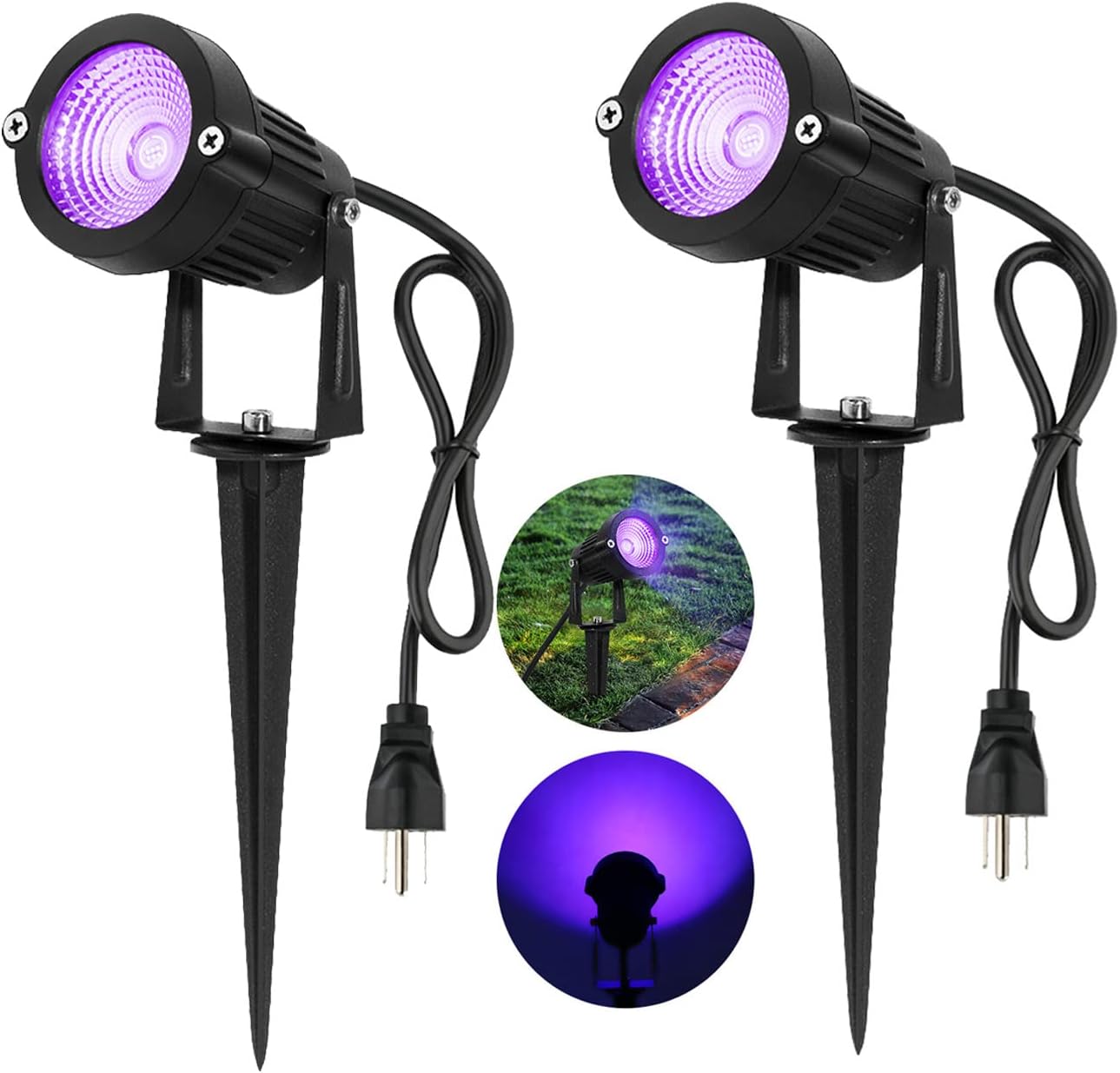 2 Pack HalloweenWaterproof UV LED Blacklight Landscape Lights, Outdoor Plug in Black Light Spotlight for Pathway Light Plug Spike Stand Garden, Yard, Lawn, Halloween, Party Decorative Lighting