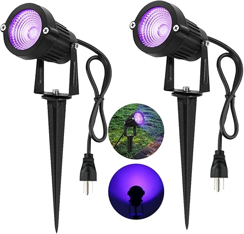Paquete de 2 luces de paisaje de luz negra LED UV impermeables para Halloween, foco de luz negra para exteriores, enchufe de luz negra para camino,
