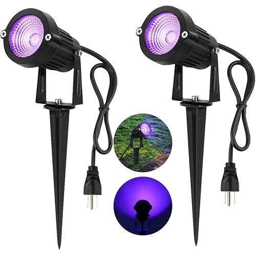 Uiexer 2 Pack Halloween Waterproof UV LED Blacklight Landscape Lights, Outdoor Plug in Black Light Spotlight for Pathway Light Plug Spike Stand Garden, Yard, Lawn, Halloween Decorative Lighting