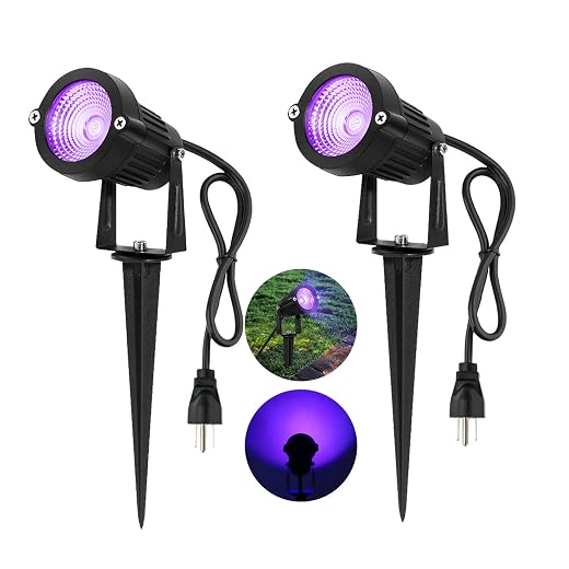 2 Pack HalloweenWaterproof UV LED Blacklight Landscape Lights, Outdoor Plug in Black Light Spotlight for Pathway Light Plug Spike Stand Garden, Yard, Lawn, Halloween, Party Decorative Lighting