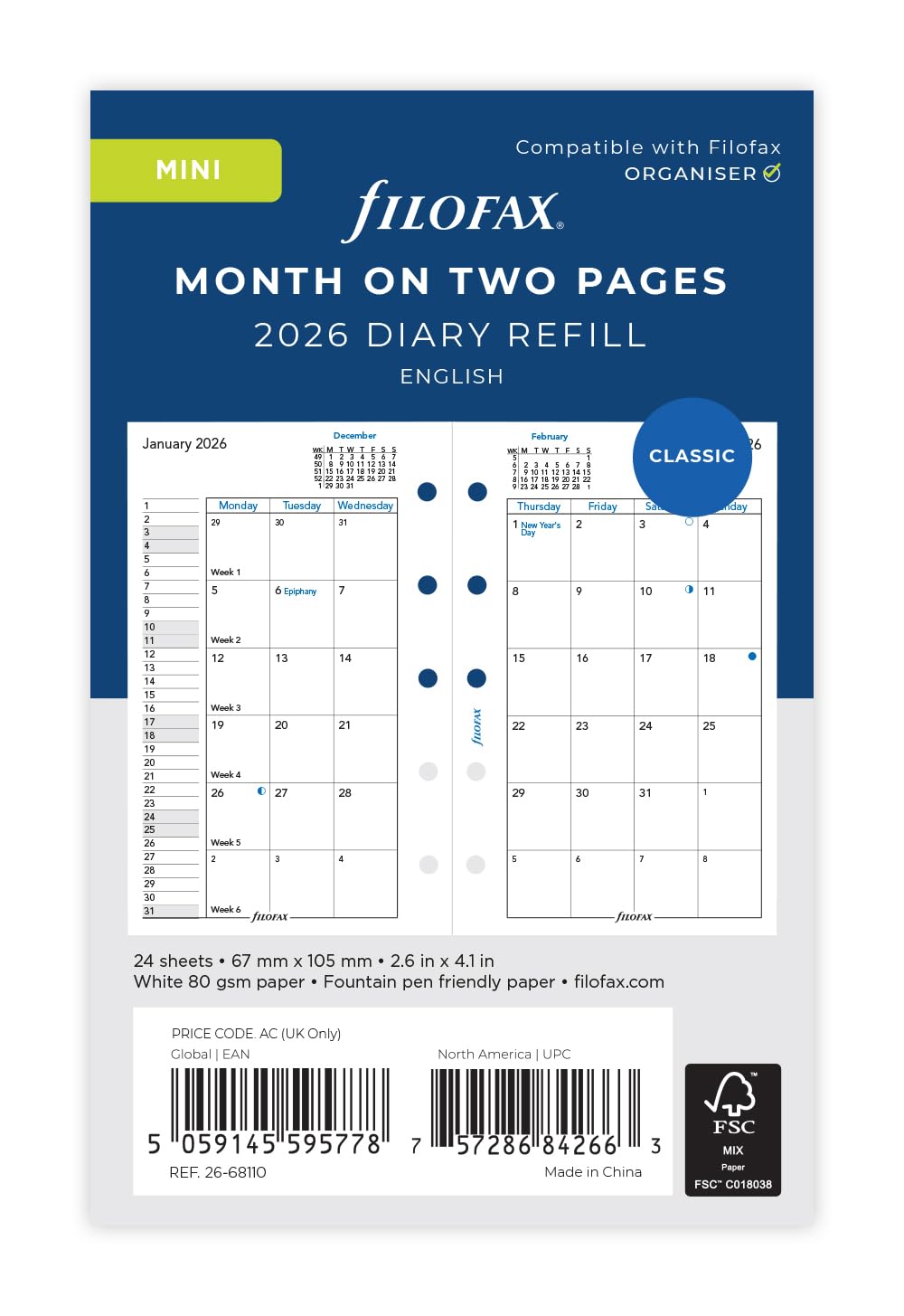 Filofax Mini month on two pages English 2026 diary 26-68110