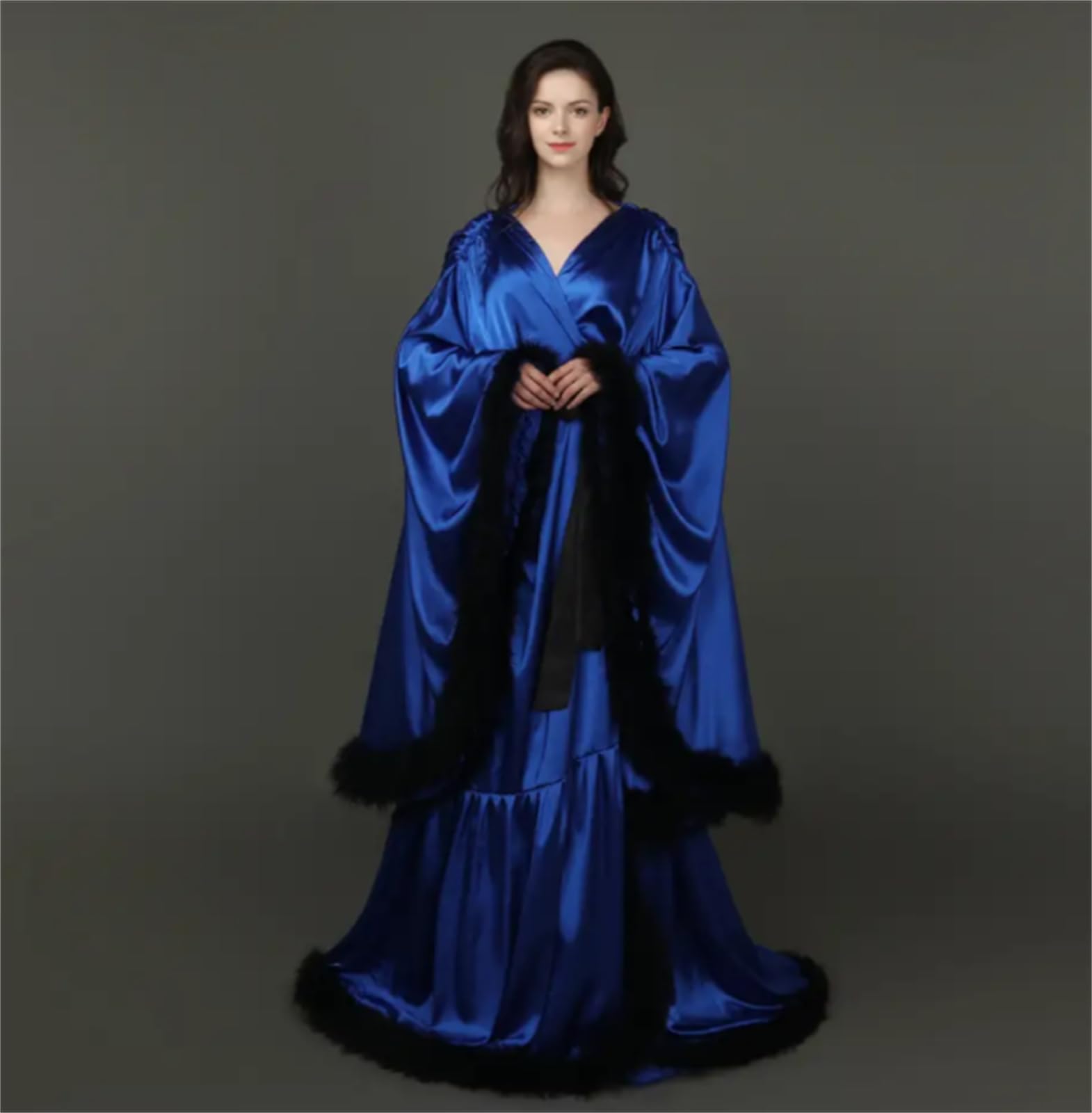 Robe de chambre en satin pour femme, robe de demoiselle d'honneur, pyjama avec bord en fourrure, vêtement de nuit doux et soyeux