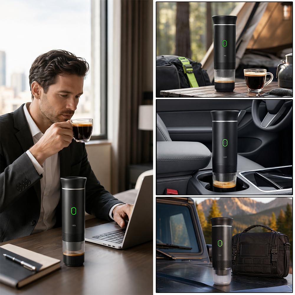 Macchina da caffè portatile, 3 in 1, a batteria, con USB, per campeggio, auto, viaggi, mini macchina da caffè compatibile con capsule e caffè macinato
