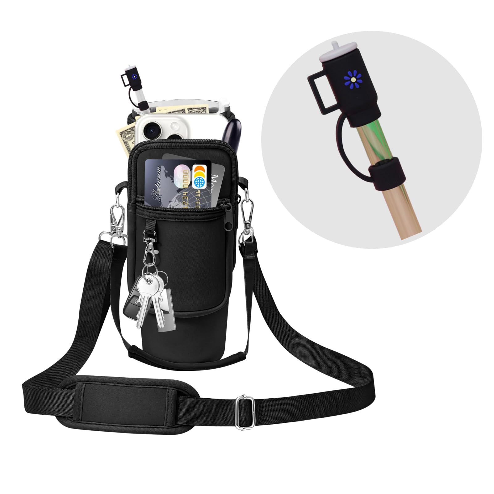Coolicee Stanley Sports Bottle Cover for 40oz Shoulder Strap with Straw Cap Stanley Cup Holder Cold Insulated Adjustable Handbag Crossbody Outdoor Camping (Black) - Image 2
