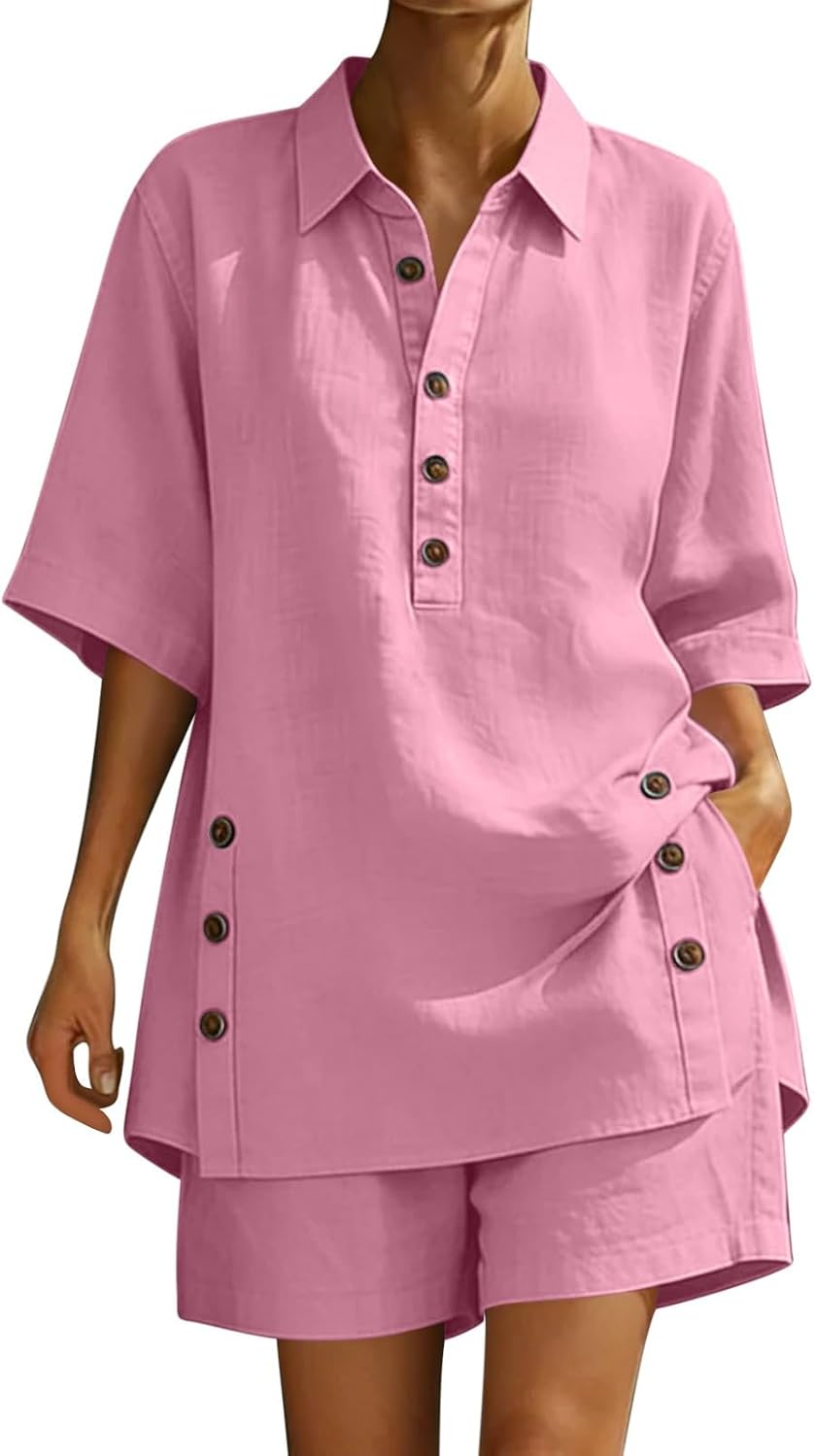 Linen Sets for Women 2 Piece Button Up Henley Shirt Matching Wide Legs Shorts Fashion Outfit Short Set 2026