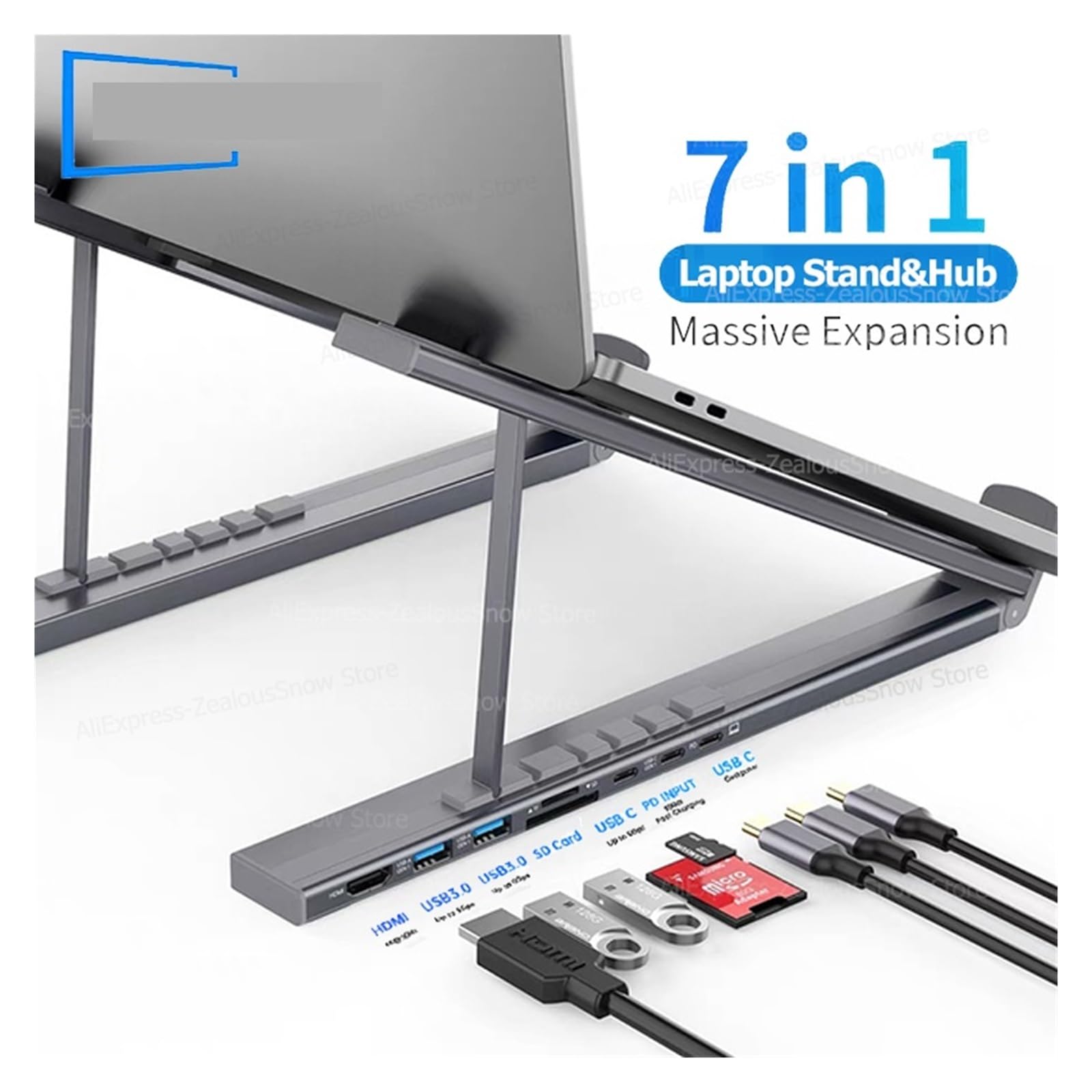 Docking station for supporto portatile USB C con HUB 7 in 1 USB 3.0 4K HDMI SD TF Card Reader Staffa regolabile in alluminio for PC Notebook(7-in-1 Silver)