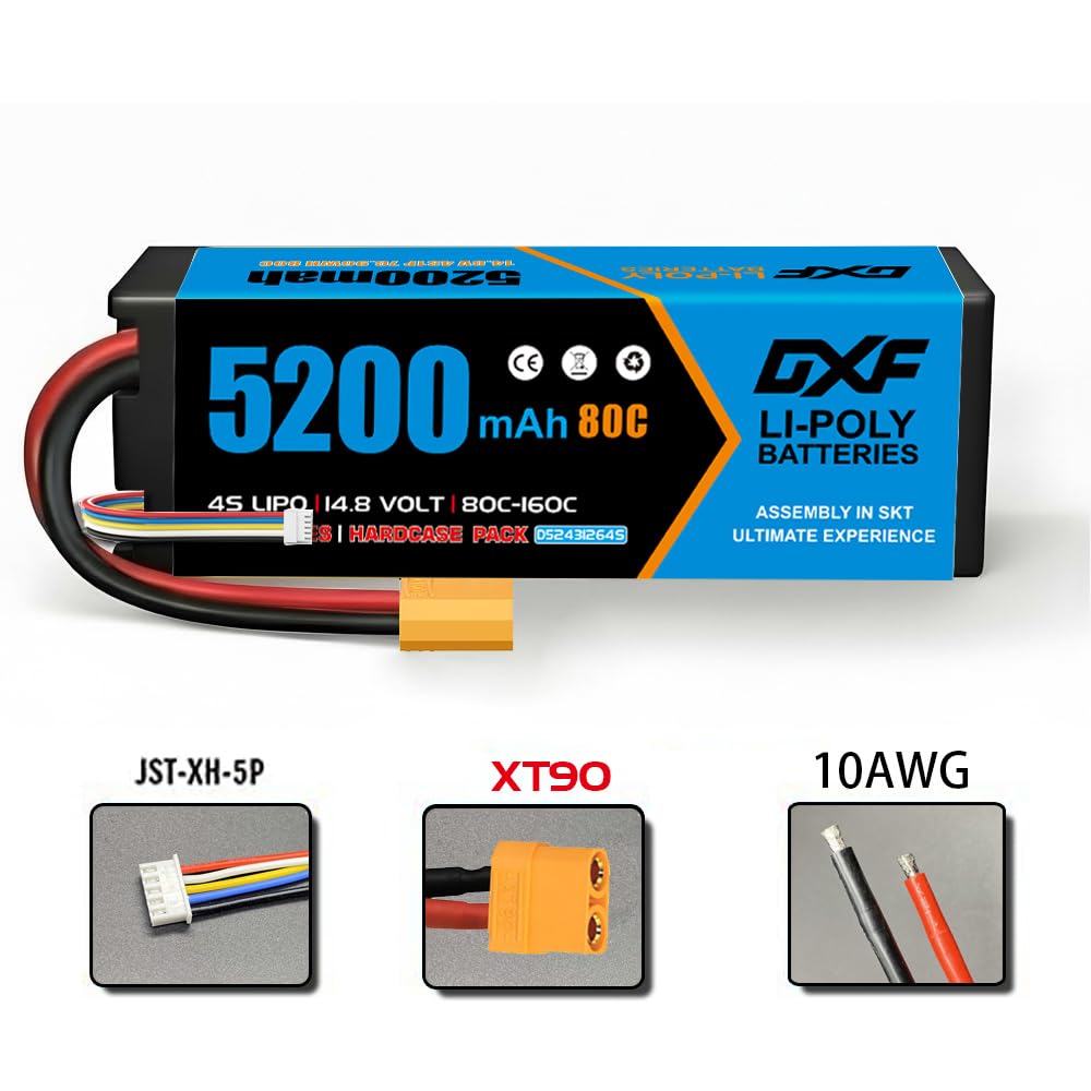 DXF Batteria LiPo 4S 14.8V 5200mAh 80C Spina XT90 Auto RC 1/8 1/10 Truck Buggy Touring Car Compatta Leggera Potente Affidabile Gare Racing Modellismo 1 Pezzo