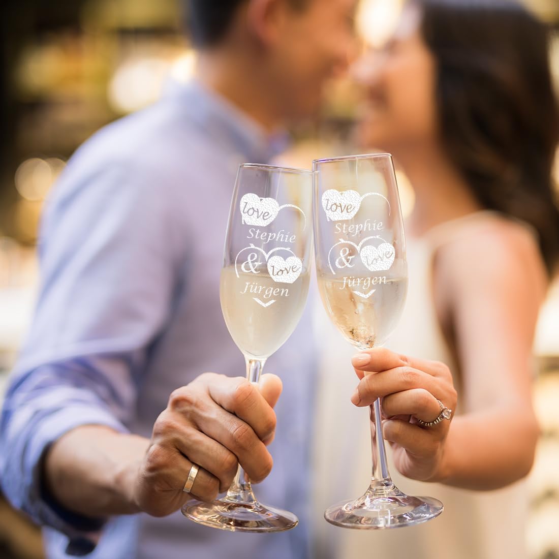 Lot de 2 flûtes à champagne avec gravure pour mariage, anniversaire, fiançailles, avec personnalisation pour couple d'amoureux, comme idée cadeau d'anniversaire
