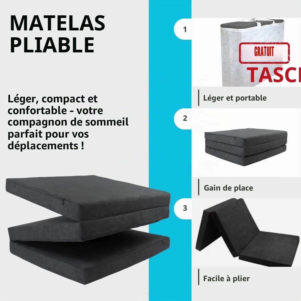 Fortisline Matelas d'appoint Pliant lit d'appoint lit d'invité futon Pouf 195x80x9 cm Couleur Gris