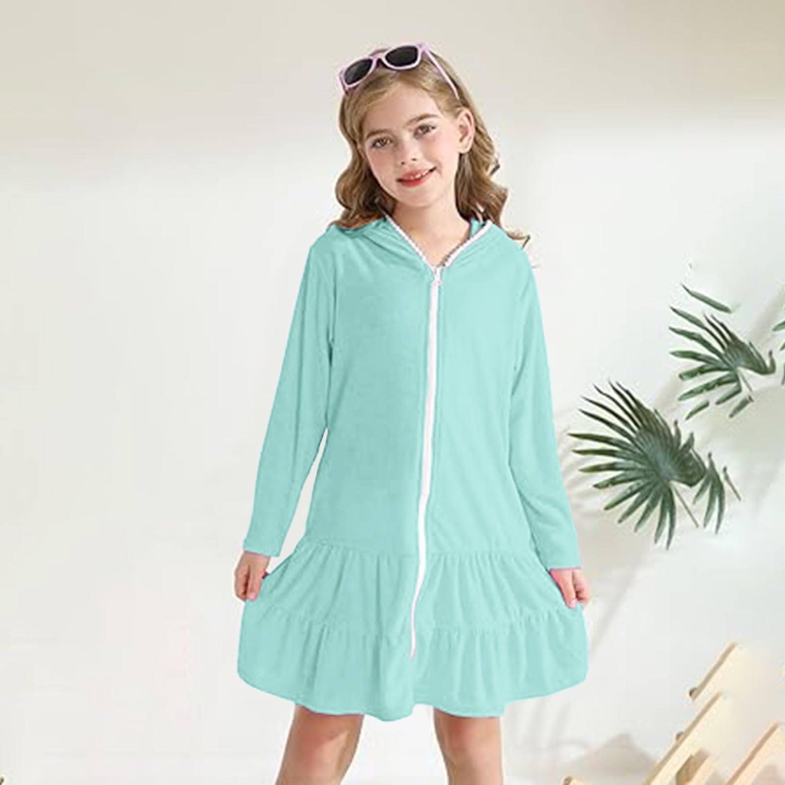 Badeponcho Kinder Reißverschluss Kapuze Cover Up mit Sonnenbrille Saugfähige Frottee Strandkleid Rüschen Gemütlich Strandtuch Sommer Mädchenkleid Langarm Bademode