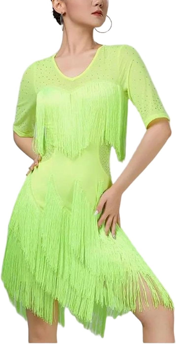 Women Tassel Latin Dance Dress Autumn Half Sleeve Knee Length Style Wear Dance Training Performance