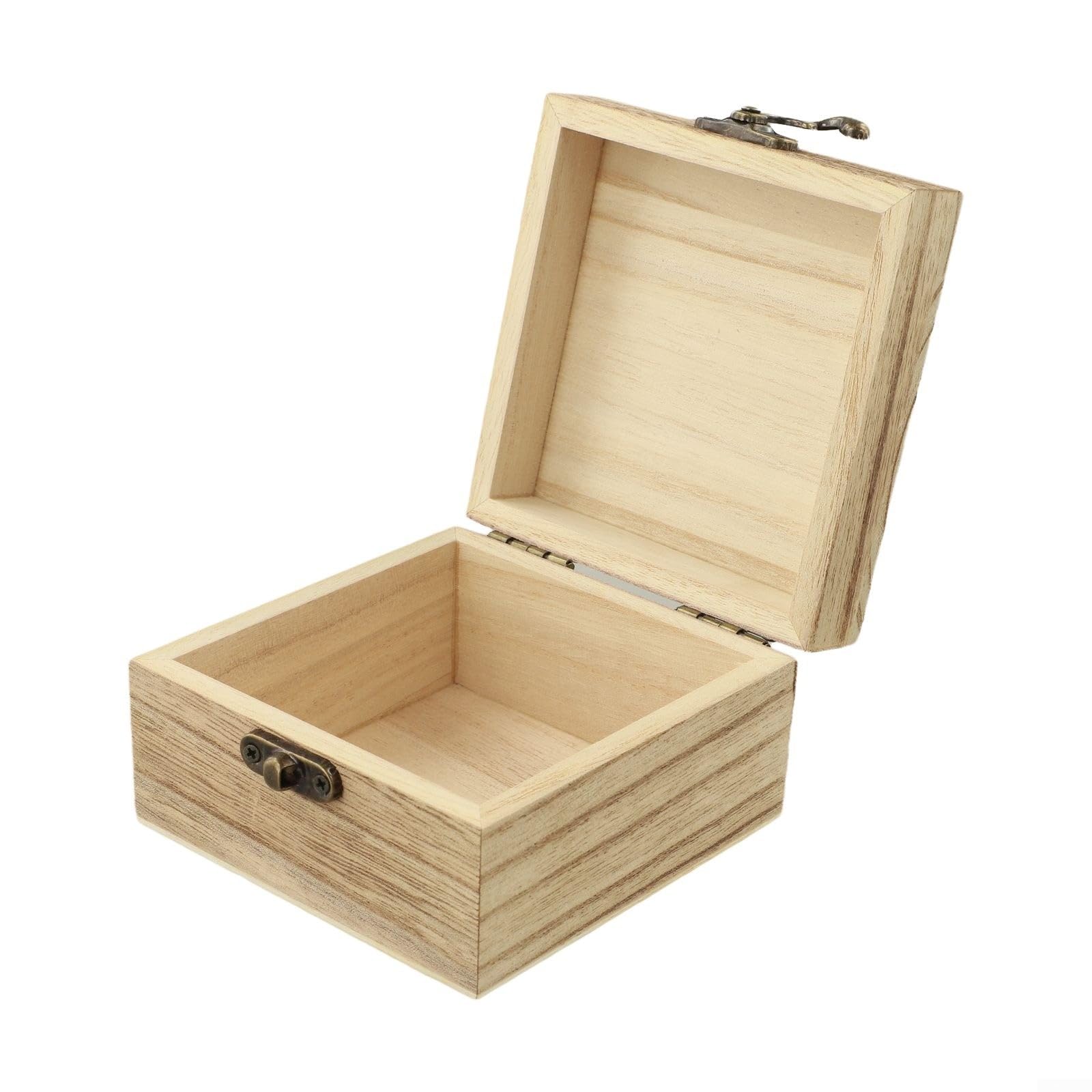 Boîte de rangement vintage en bois de paulownia carrée avec serrure métal 10x10x6 cm