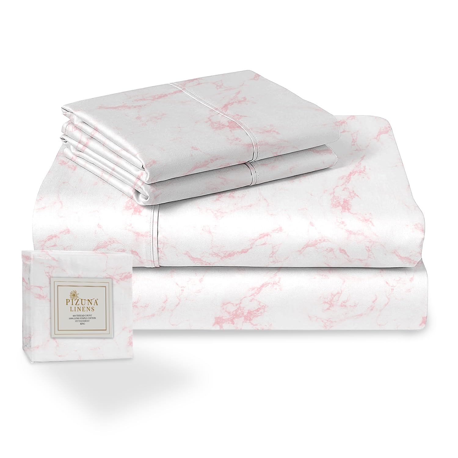 Pizuna Carrara Marble Pink Cotton Printed Bedding Sets Super King, 400 Thread Count 100% Long Staple Cotton Sateen Bed Sheets Includes 1 Fitted Sheet, 1 Flat Sheet, 2 Pillowcases (Printed Bed Sheets)