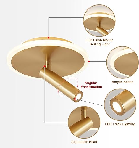 Miniatura 3 de KCO Lighting - Lámpara LED de techo moderna de montaje empotrado, redonda dorada, delgada, cerca de las luces de techo con 1 cabezal, iluminación de