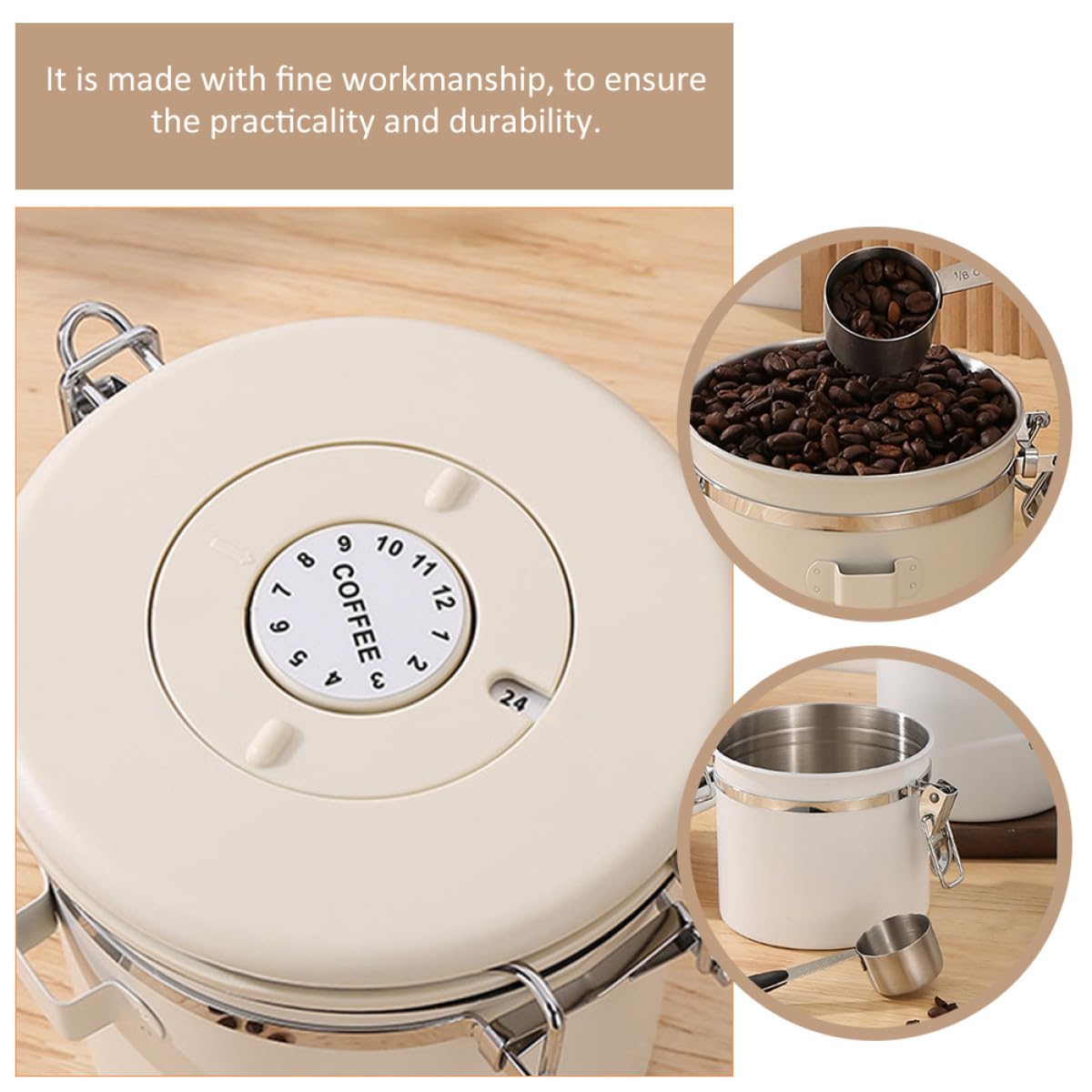 Homoyoyo Bote de Café en Grano 1, 2 L de Acero Inoxidable Beige