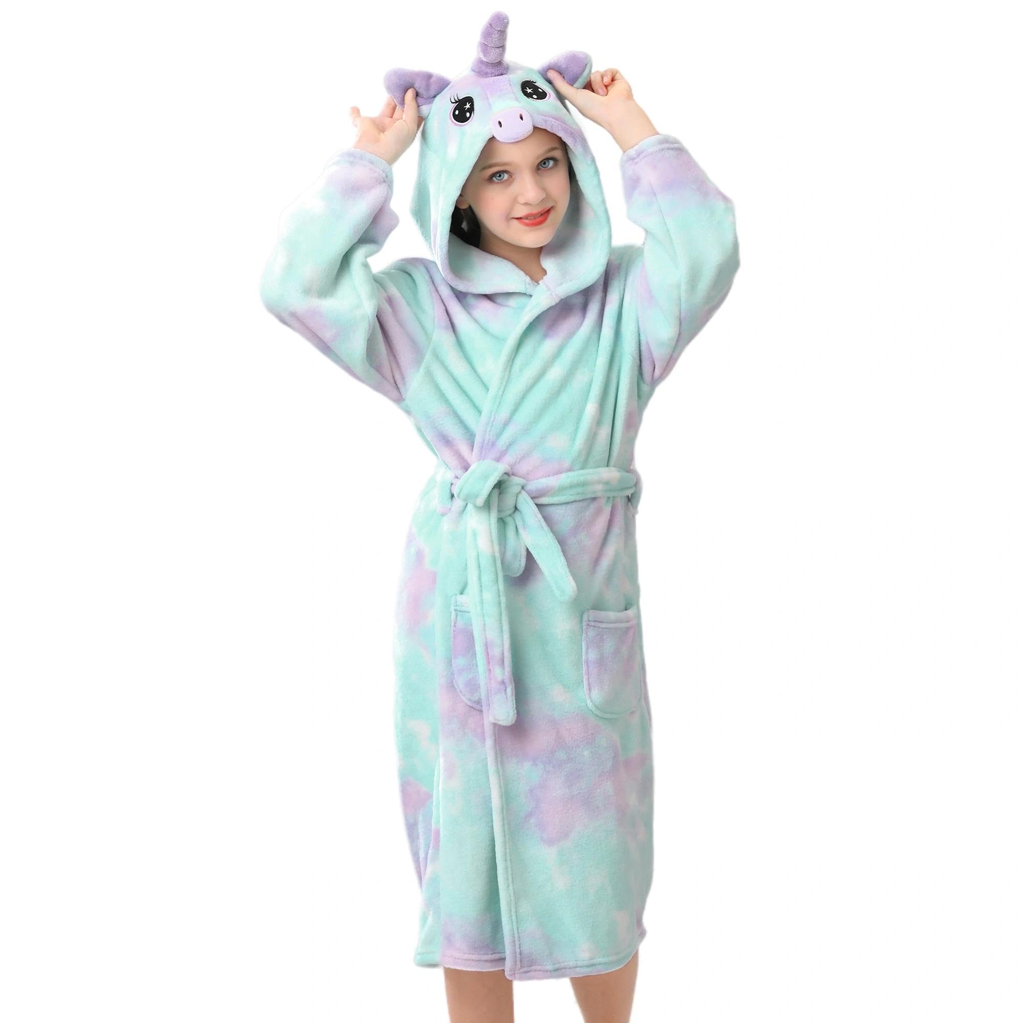 V.&GRIN Girls Fleece Robe, Hooded Toddler Soft Fuzzy Bathrobe for Kids 3-14 Years