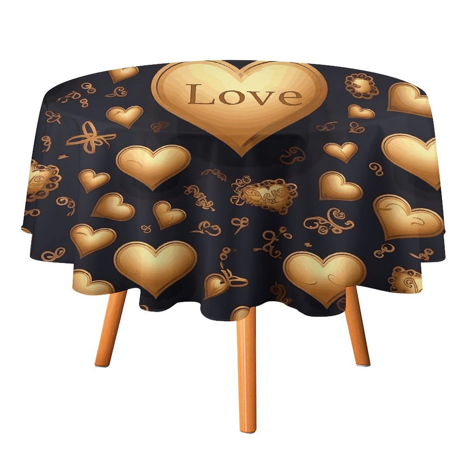 Fekiloot Style Golden Heart And Love Round Tablecloth - Heavy Duty And Washable,Polyester Decorative Fabric Table Cover,Tablecloths For Kitchen Dining, Wedding, Birthday Party60x60in