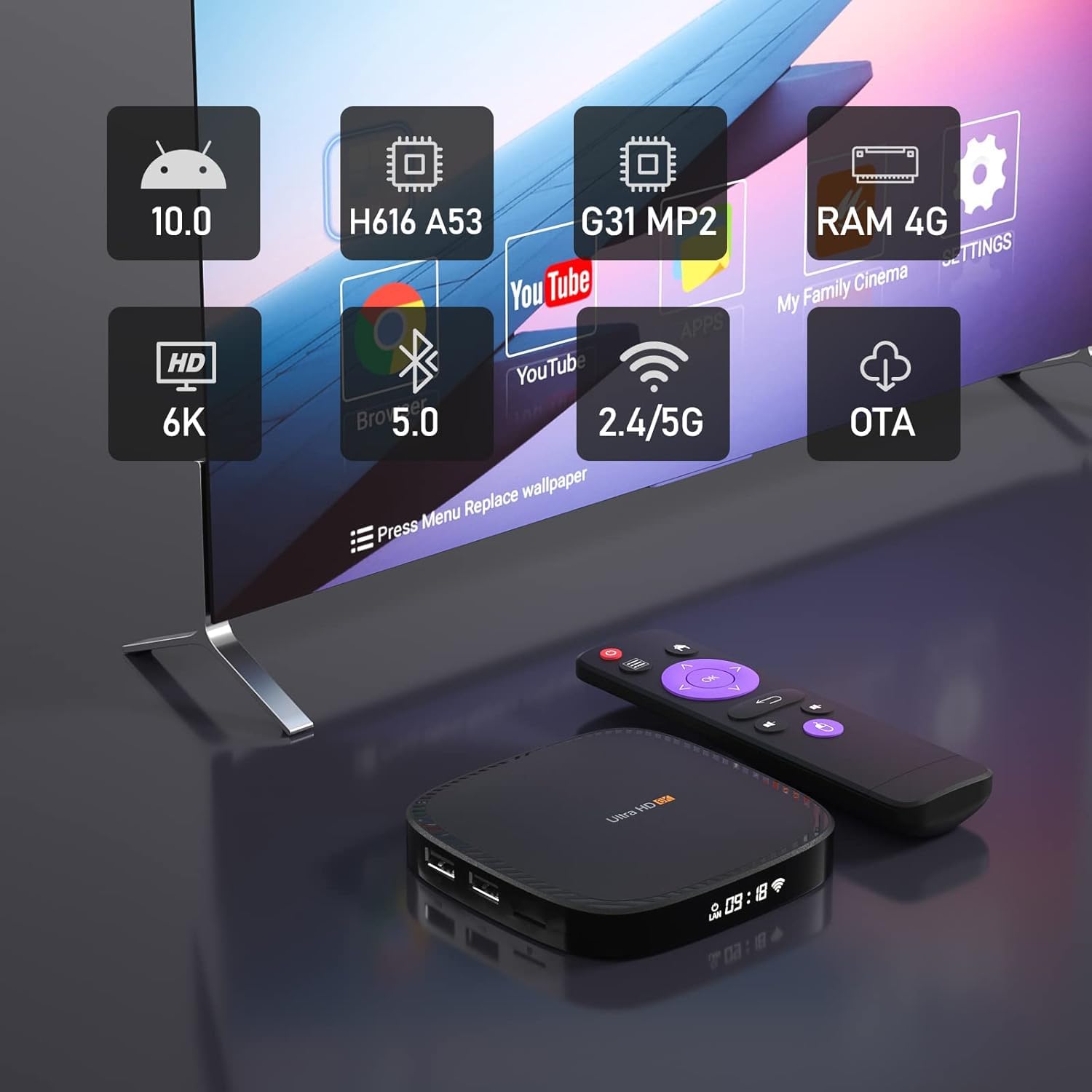 IDEALROYAL Android 10.0 TV Box, Boîtier Android TV 4 Go RAM 128 Go ROM RK3318 Quad-Core WiFi 2.4 GHz 5.0 GHz 4K HD BT5.0