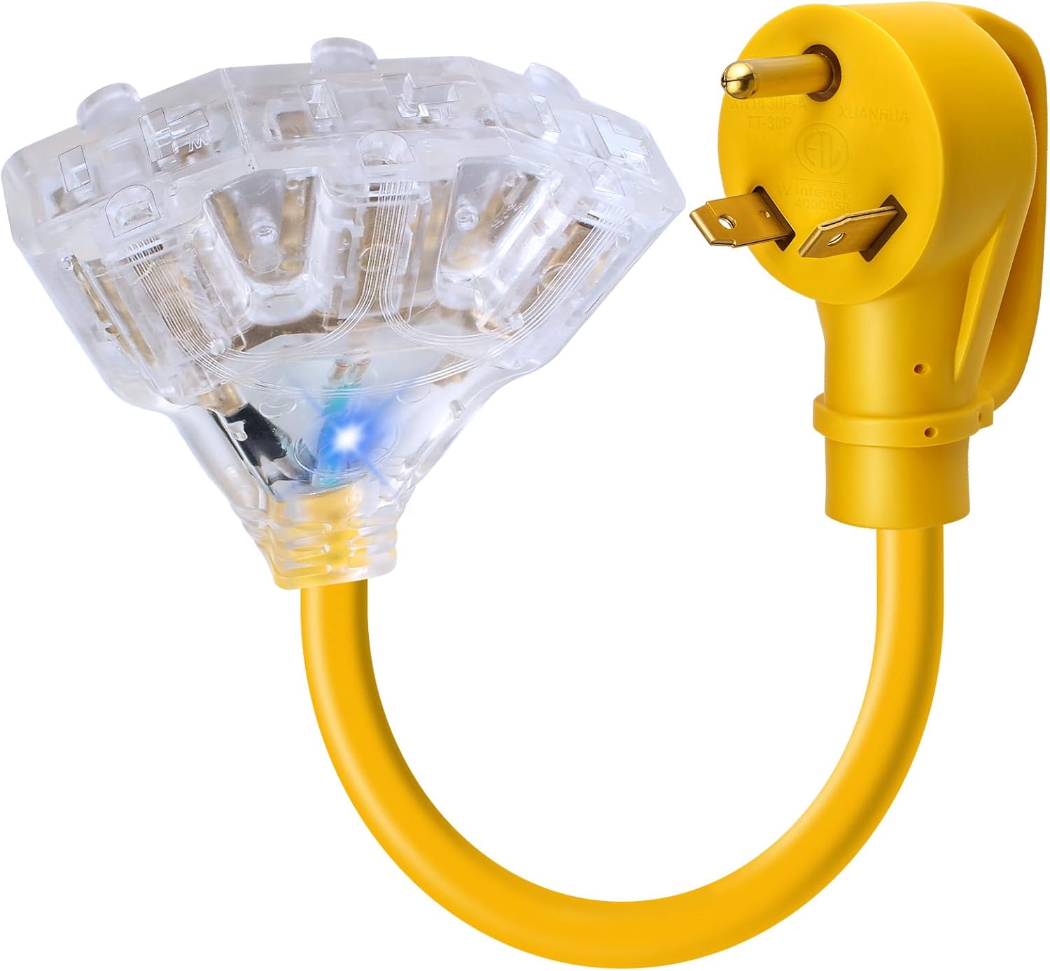 30 Amp to 110V 20 Amp RV Power Adapter Generator Distribution Extension Cord Cable NEMA TT-30P Male to 3x5-15R/20R Outlets Splitter with LED Indicator,3-Way 120V Electrical for RV Generators