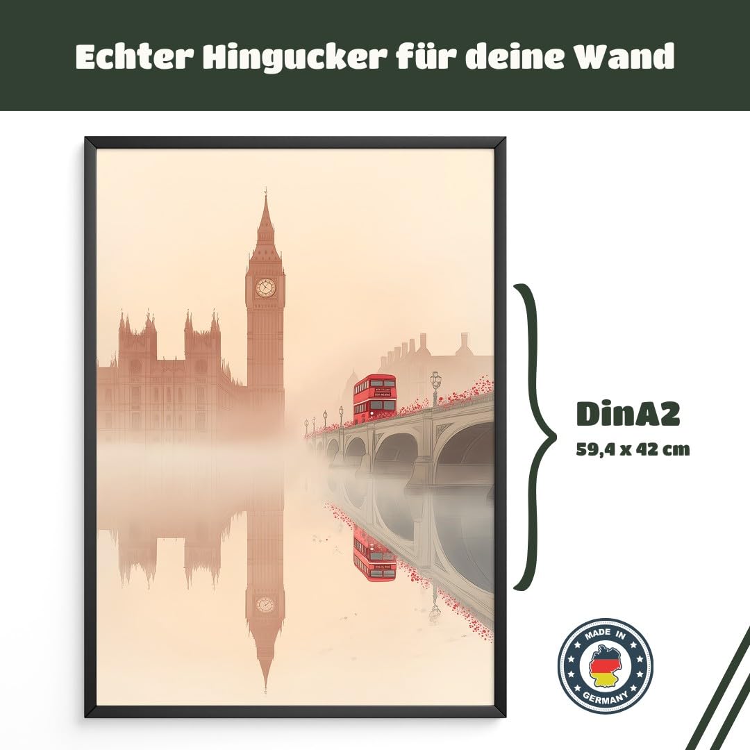 MJ-GRAPHICS® Poster Big Ben Kunstdruck London Bus Wandbild minimalistisch Beige Wohnzimmer Deko reflektierende Szene urbaner Stil klassisch urbane Ästhetik A2 mit braunem Rahmen