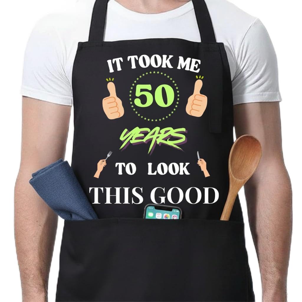 LynixTrade 30th 40th50th 60th Birthday Gift for Men Black Apron With 3 Pockets Funny 30th 40th 50th 60th Birthday Gift Ideas Cooking Grilling BBQ Chef Aprons (50th)