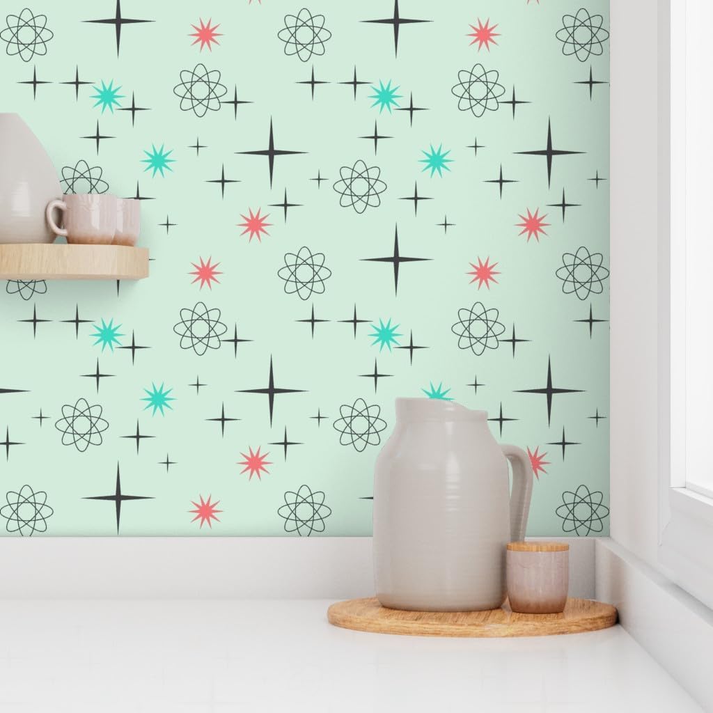 Removable Wallpaper 3ft x 2ft - Atomic Mint Mid Century Modern Retro Stars Science Custom Pre-Pasted Wallpaper by Spoonflower