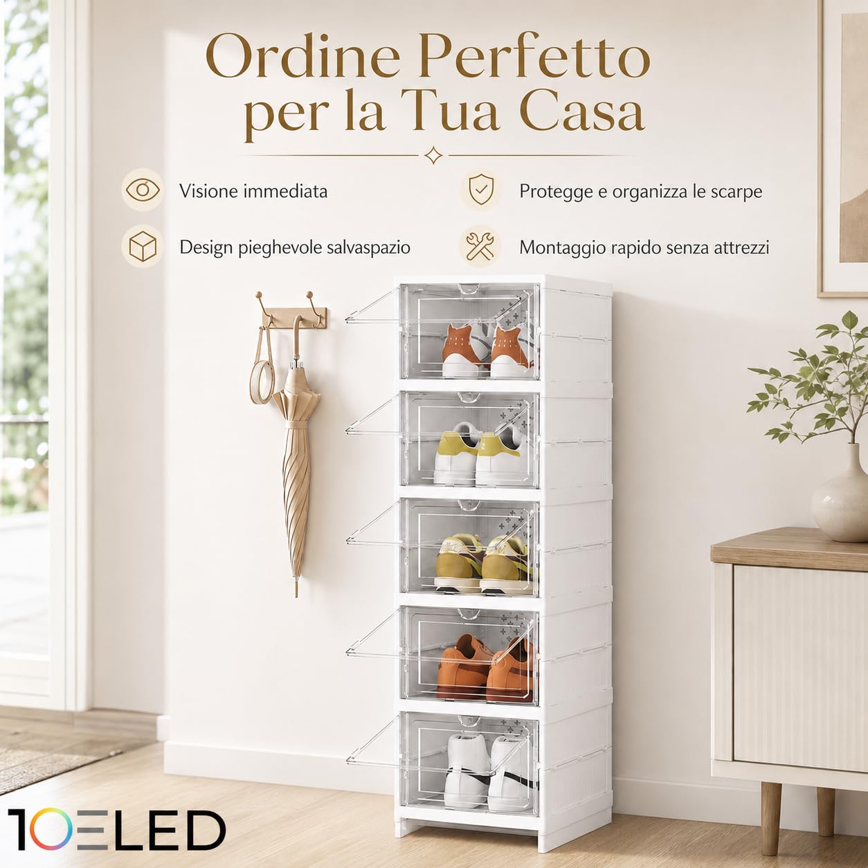 Scarpiera Salvaspazio Slim 6 Scomparti con Ante Trasparenti - Scarpiera Ingresso con Retro VENTILATO e RESISTENTE - Montaggio Senza Attrezzi - per Ingresso, Camera, Armadio - Fino alla Taglia 46