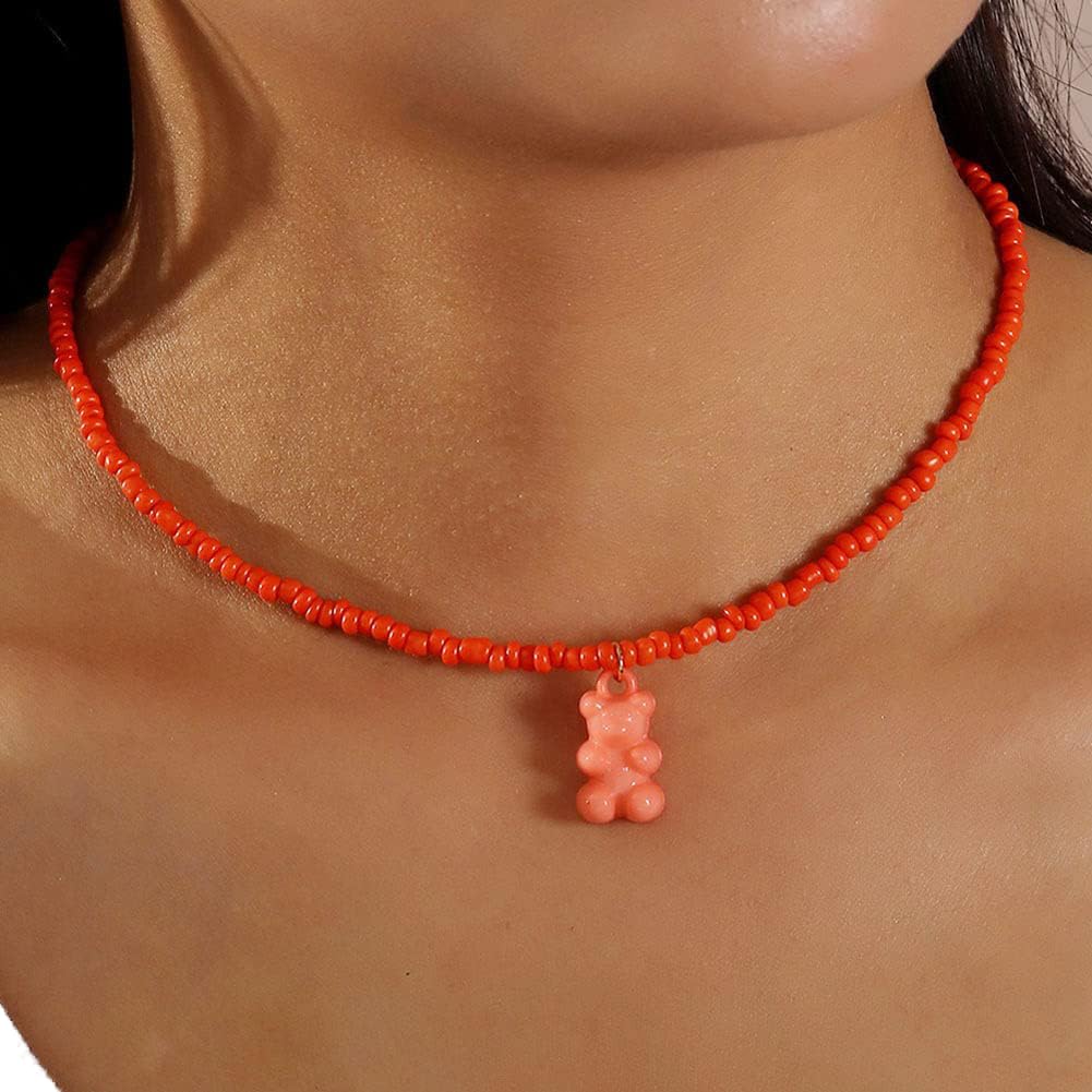 Wedity Collar con colgante de oso de peluche de Color caramelo de Wedity, Collar con cuentas de arroz hecho a mano de caramelo, Collar bonito, joyería para mujeres y niñas (naranja)