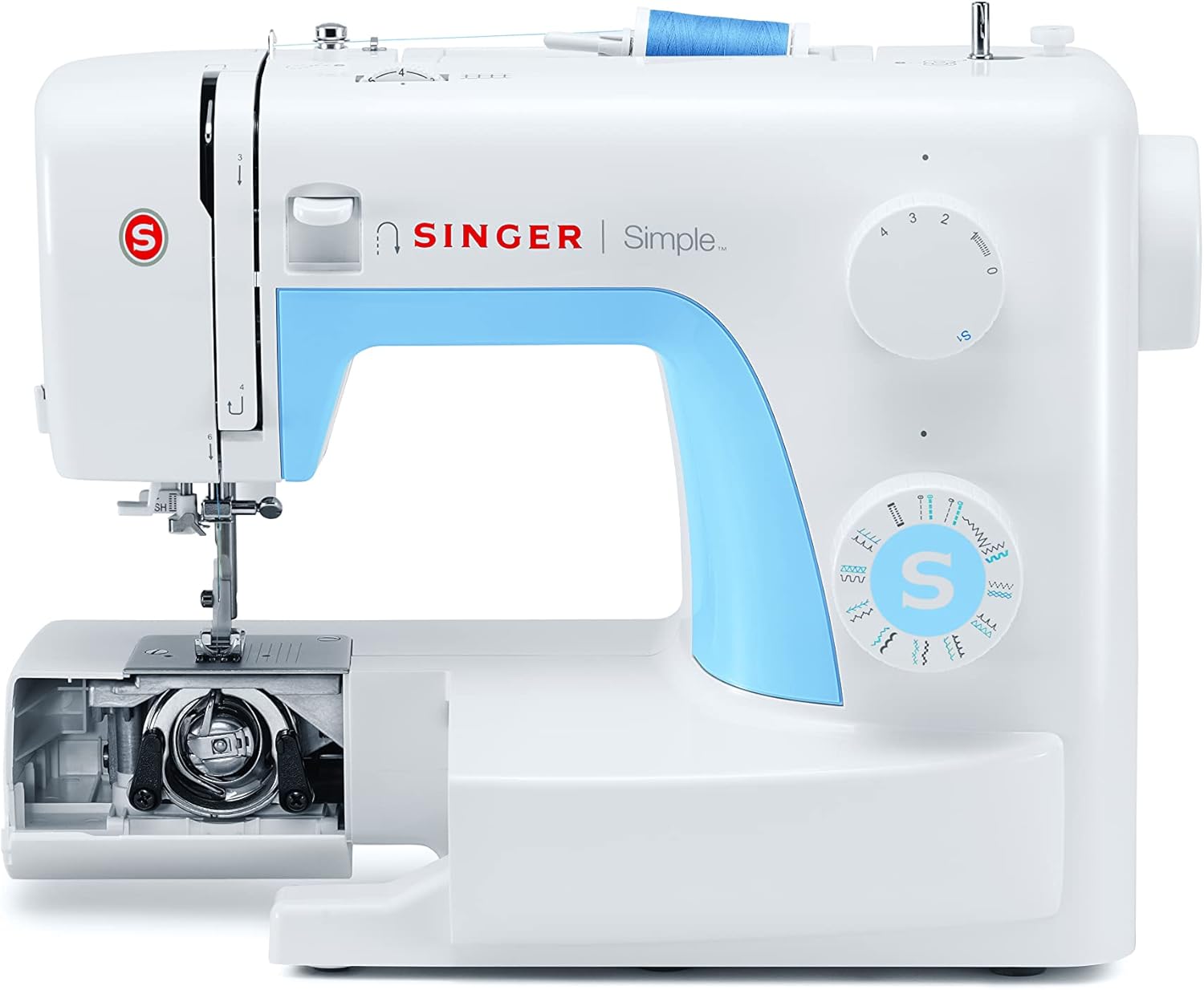 Singer Simple 3221 Sewing Machine with bobbin area open