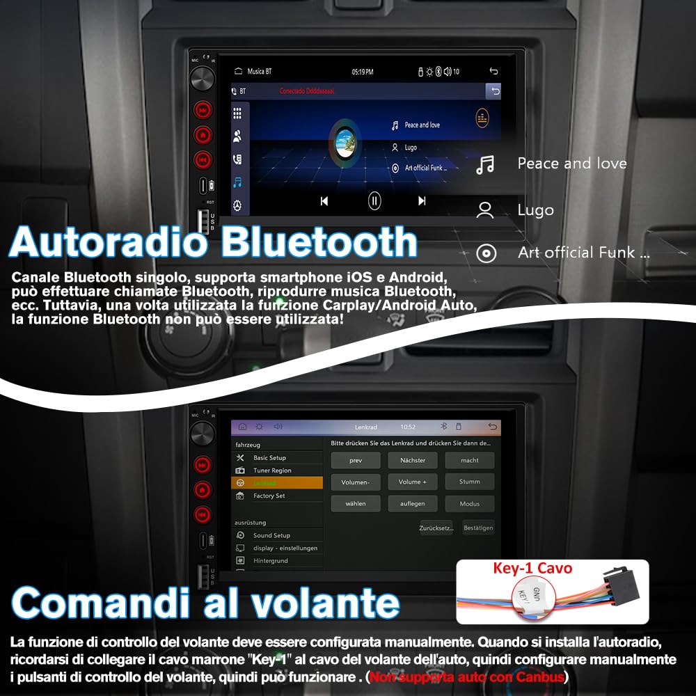 Universale Autoradio 2 DIN con Schermo Wireless CarPlay & Android Auto Bluetooth FM GPS USB Tipo-C Comandi al volante