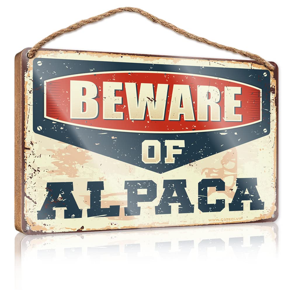 HELIOFORGE Hanging Bathroom Sign Beware Of Alpaca Wooden Sign(20X30CM)