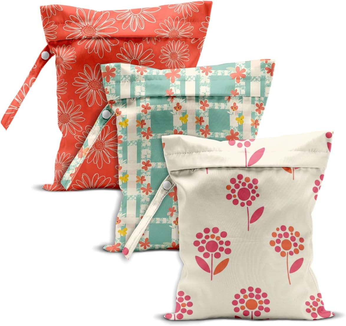 Floral Print Wet Dry Bag, Reusable Washable Waterproof Wet Bag for Swimsuit Diaper Dirty Clothes, Set of 3, Portable Storage Pouch for Travel Beach Pool Yoga Gym Camping, Colorful Daisy Tulip Pattern
