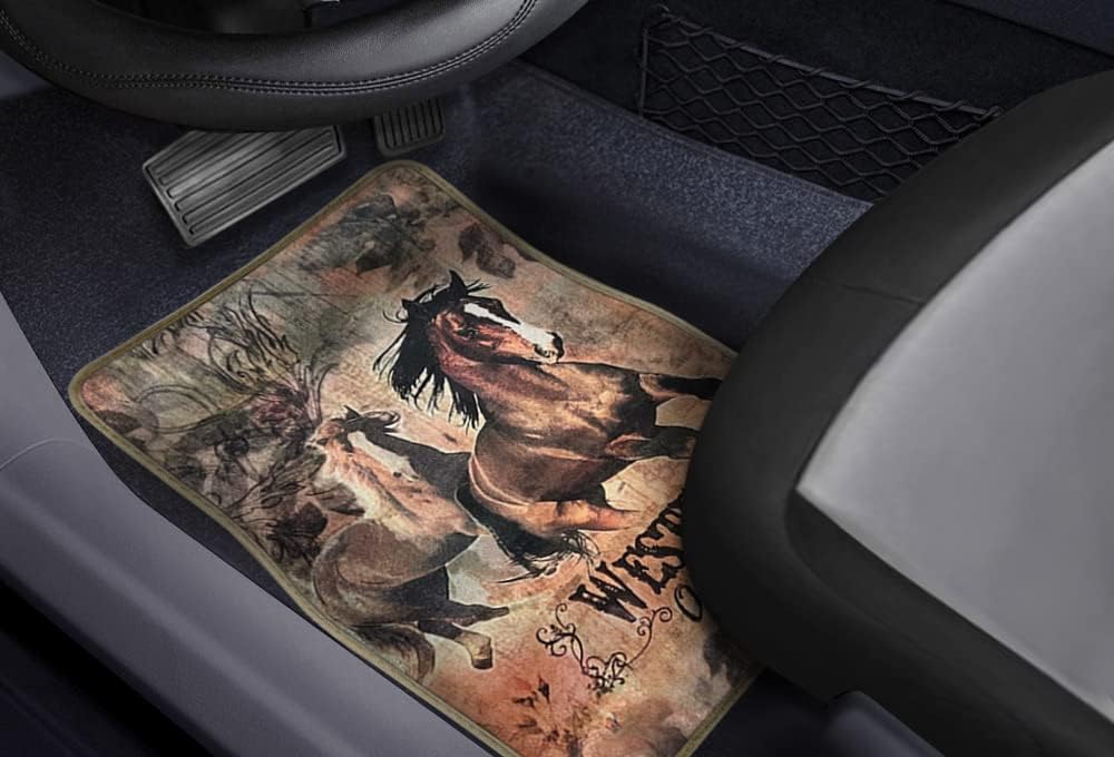 Brown Horse Original Western Script with Flowers on Background Wild West Car Truck SUV Universal-fit Front & Rear Seat Carpet Mustang Horse Floor Mats - 4PC