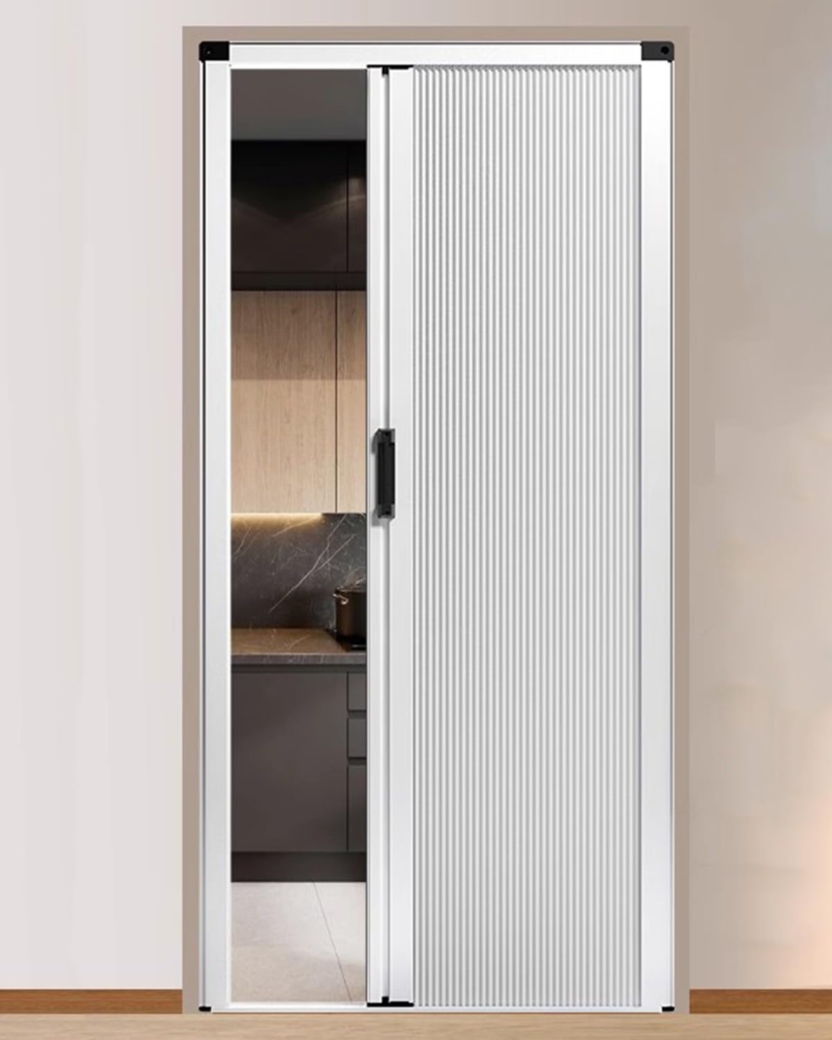 Puerta Plegable Puerta Plegable Blanca Sin Perforaciones Marco de Metal y Panel No Tejido, Puertas Corredizas Plegables con Manija y Cerradura, Puerta Divisoria para Puerta de Cocina o Dormitorio(32x8