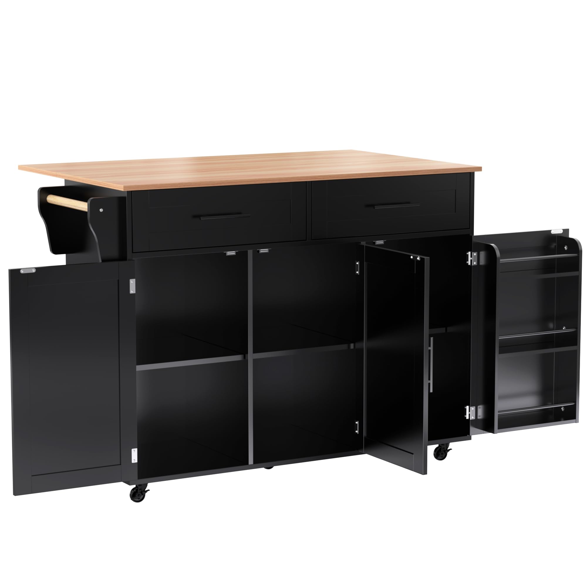 DRIXNO Kücheninsel Freistehend mit Klappbarer Arbeitsplatte Küchenschrank Küchenwagen auf 5 Rollen, mit Ablage und 2 Schubladen, Schwarz Für Esszimmer 129 * 71 * 91.5cm
