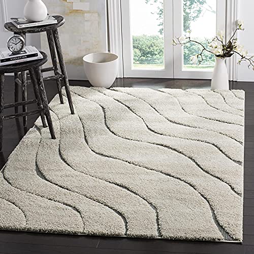 Image of Abstract Wavy Design Square Shaggy Carpet for Living Room, Bedroom, High Low Design Finish Microfiber 1.8 Inch Pile High, 4x4 Feet Ivory|Grey Color