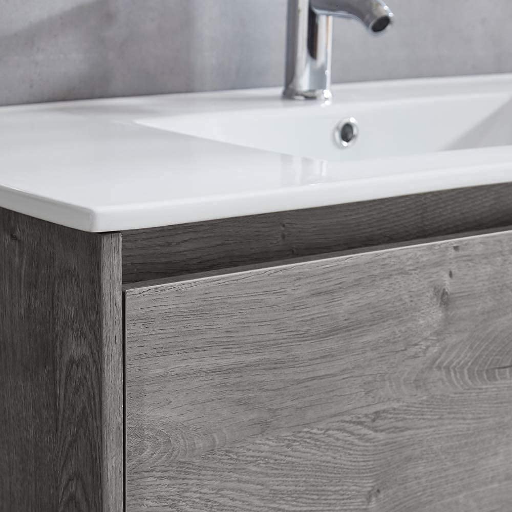 ZIK - Mobile Bagno con Lavabo e Specchio Moderno, Lavandino Bagno con Mobiletto in Legno e Ceramica, Mobile Sospeso con Finiture Eleganti e Cassetto e Vano Salvaspazio (Grigio Rovere 80cm.)